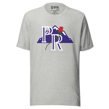 Portland Rockies baseball T-shirt gray. Purple PR outlined in white over purple mountain with white caps/ Rose going through top of Royal Retros