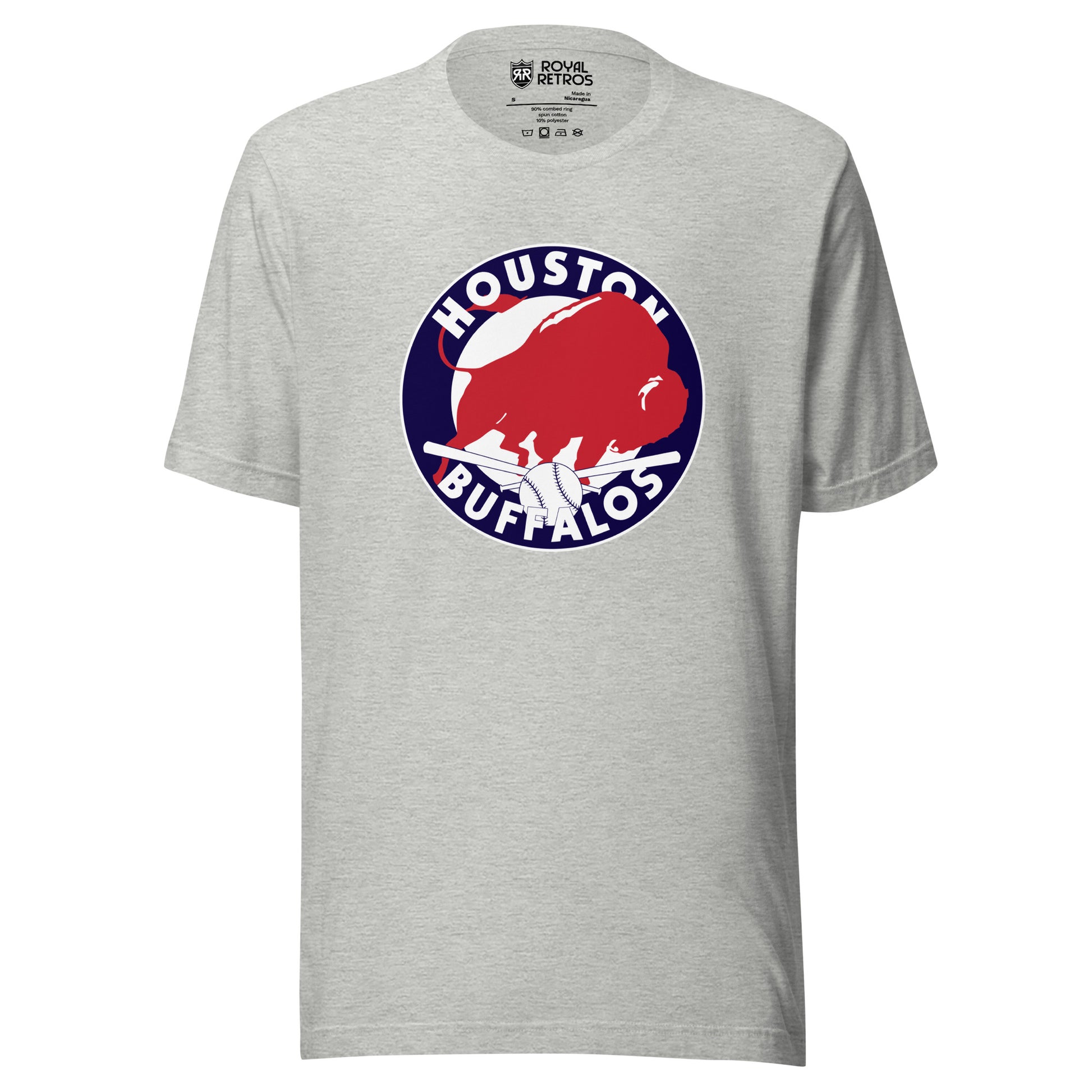 Houston Buffalos baseball T-shirt Gray. White circle with blue border inside, Houston arched in white inside top, Buffalos arched up white at bottom of circle. White background inside of circle. Red buffalo to the right inside. Royal Retros