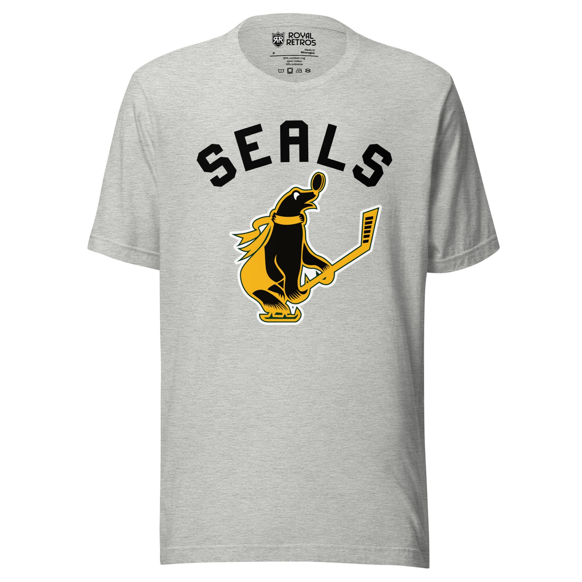 San Francisco Seals hockey T-shirt gray. Seals in black, large arched above Seal with gold scarf carrying a hockey stick and facing right. Royal Retros
