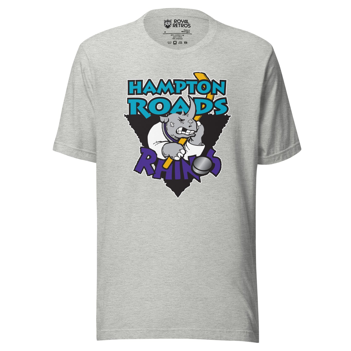 Gray Hampton Roads Rhinos T-Shirt featuring a cartoon rhino design. Ryal Retros