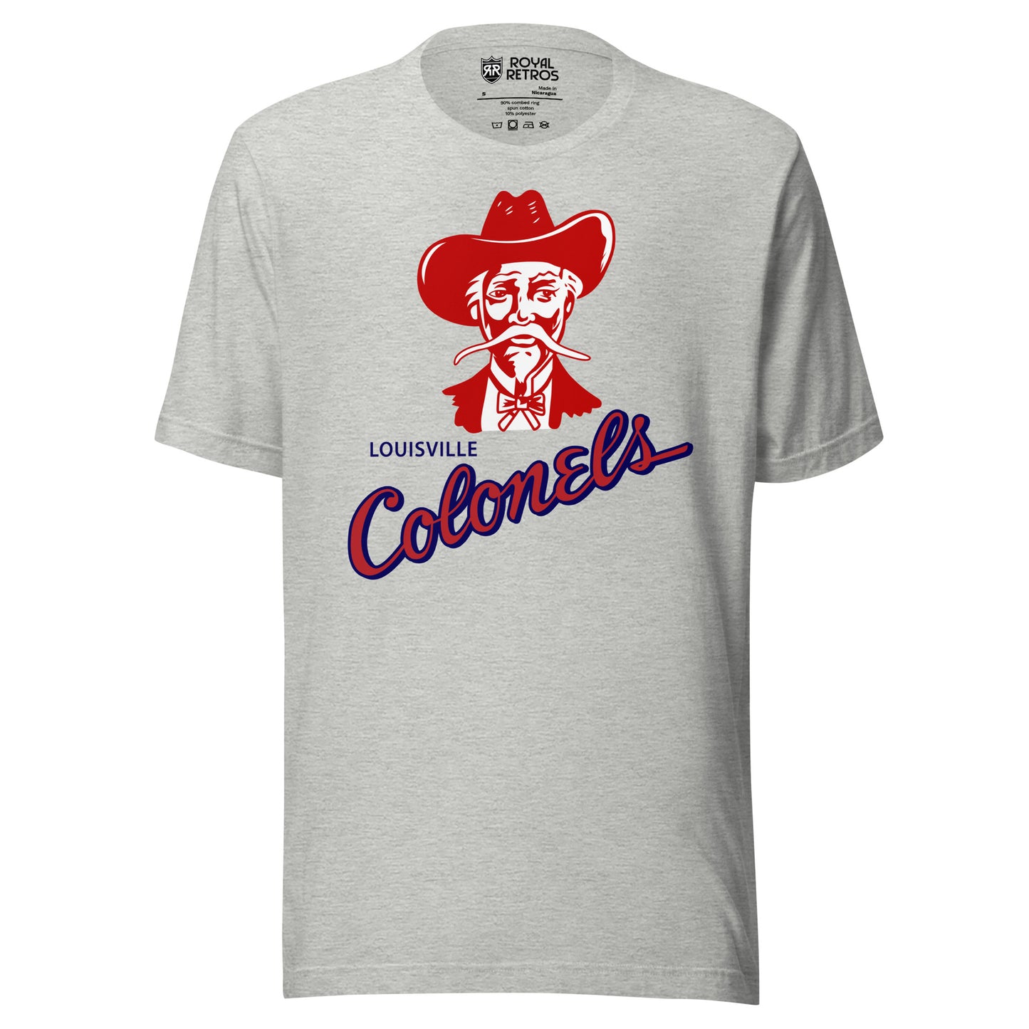 Louisville Colonels baseball T-shirt. Gray. Red and white colonel facing viewer in red cowboy hat, long white moustache, bow tie, and red jacket. Colonels angled from lower left to upper right below colonel. Red with blue trim. Royal Retros.