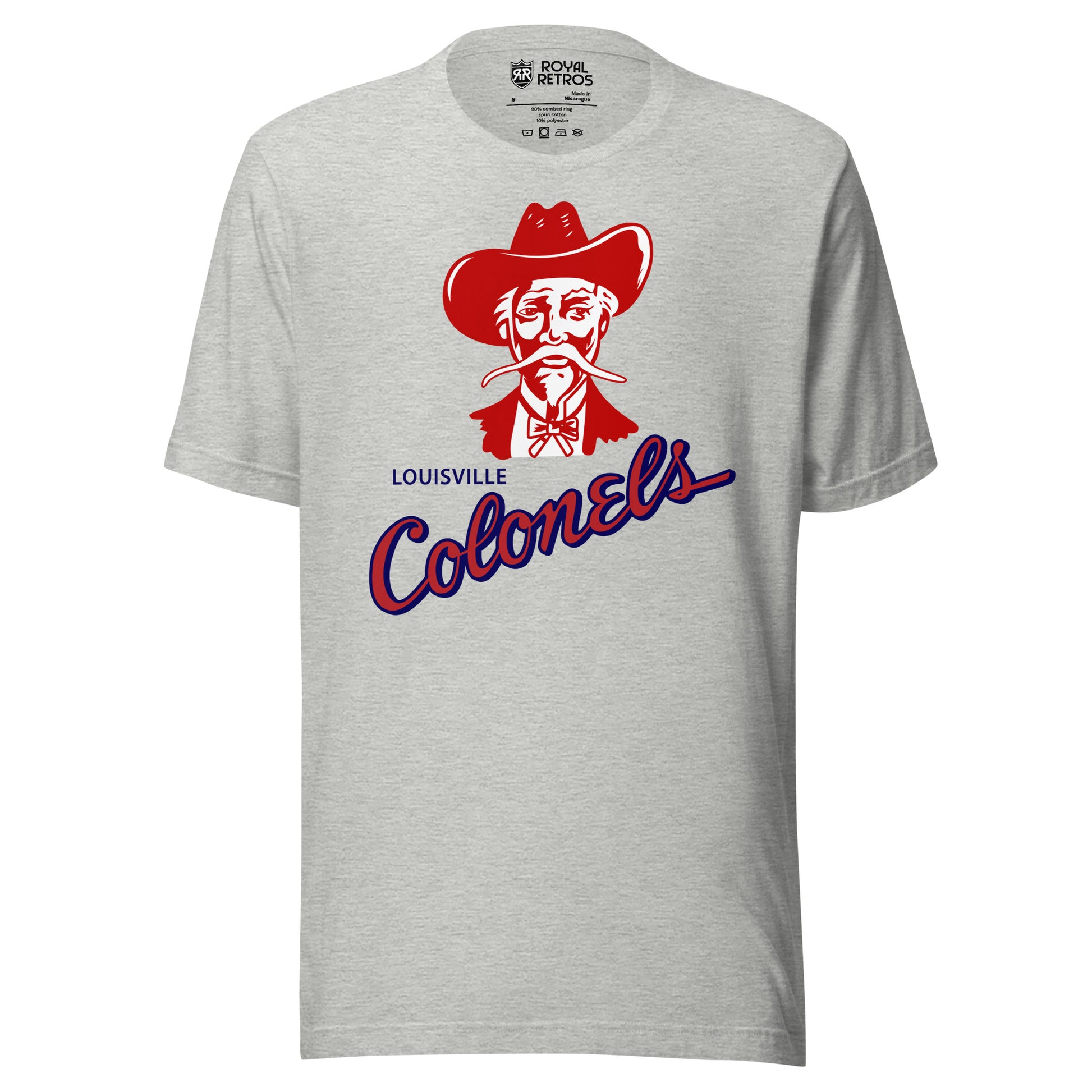 Louisville Colonels baseball T-shirt. Gray. Red and white colonel facing viewer in red cowboy hat, long white moustache, bow tie, and red jacket. Colonels angled from lower left to upper right below colonel. Red with blue trim. Royal Retros.