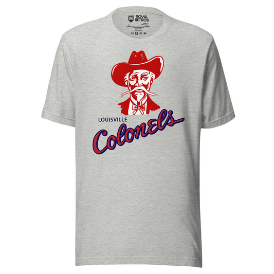 Louisville Colonels baseball T-shirt. Gray. Red and white colonel facing viewer in red cowboy hat, long white moustache, bow tie, and red jacket. Colonels angled from lower left to upper right below colonel. Red with blue trim. Royal Retros.