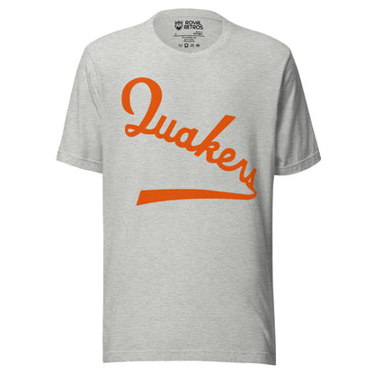 Philadelphia Quakers hockey T-shirt. Gray. Quakers in orange script diagonal down left to right, with tail coming off S. Royal Retros
