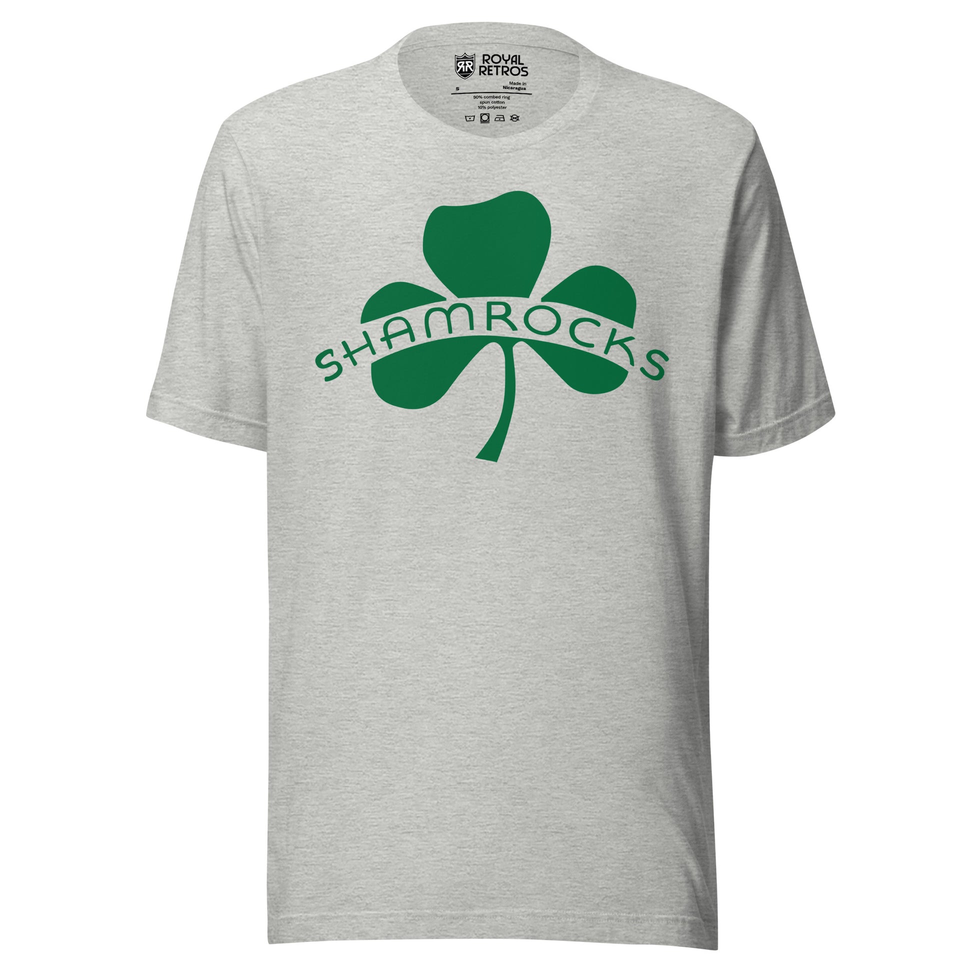 Chicago Shamrocks hockey T-shirt. Gray. Green shamrock, with Shamrocks in all caps across left and right leaves. Royal Retros
