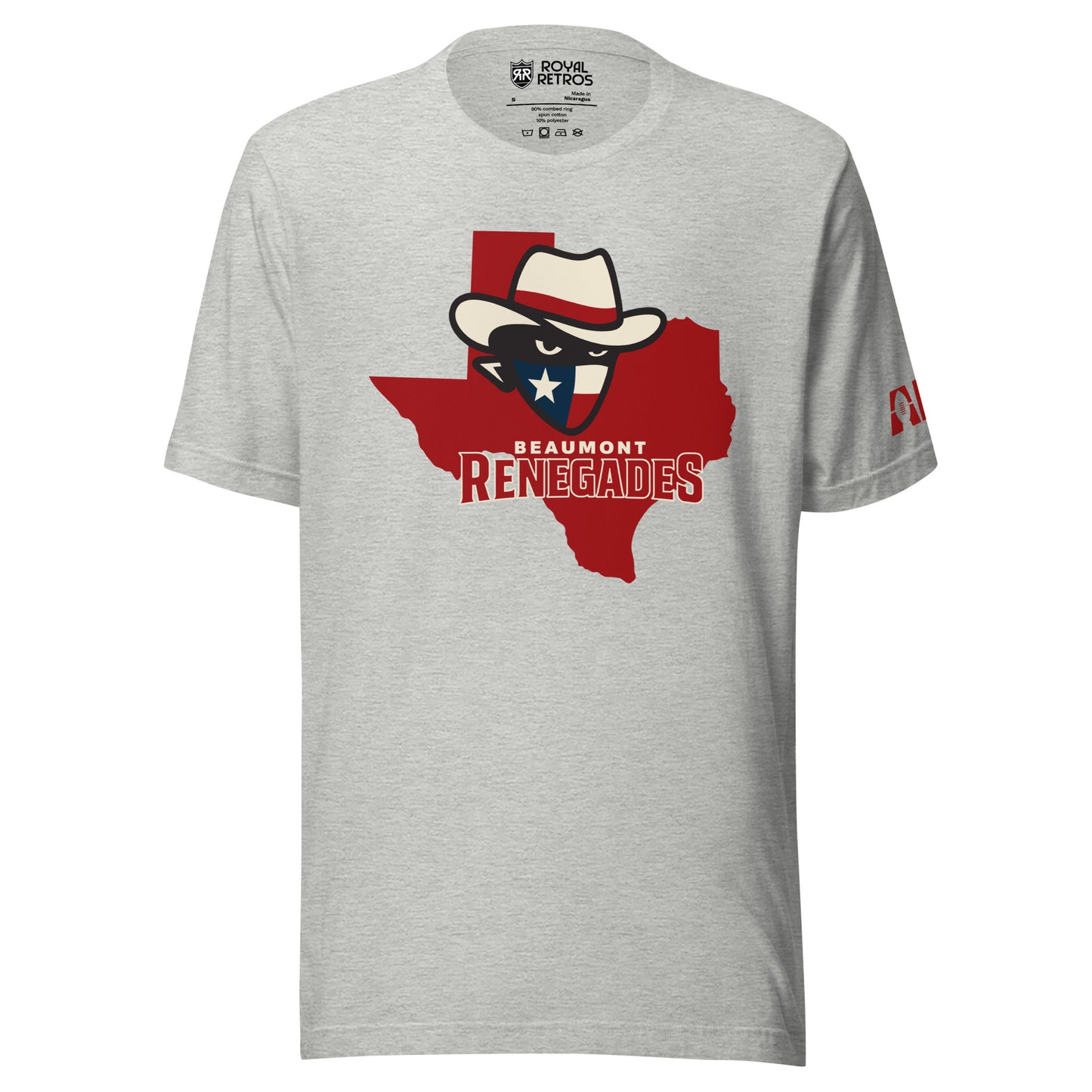 Beaumont Renegades AF1 T-shirt. Heather grey. Red Texas outline. Bandit face with white hat with red band. Dark face with white eyes. Bandana of Texas flag, white star on blue field on left, White and red stripe on right. Beaumont small in white above Renegades in red large. Royal Retros.