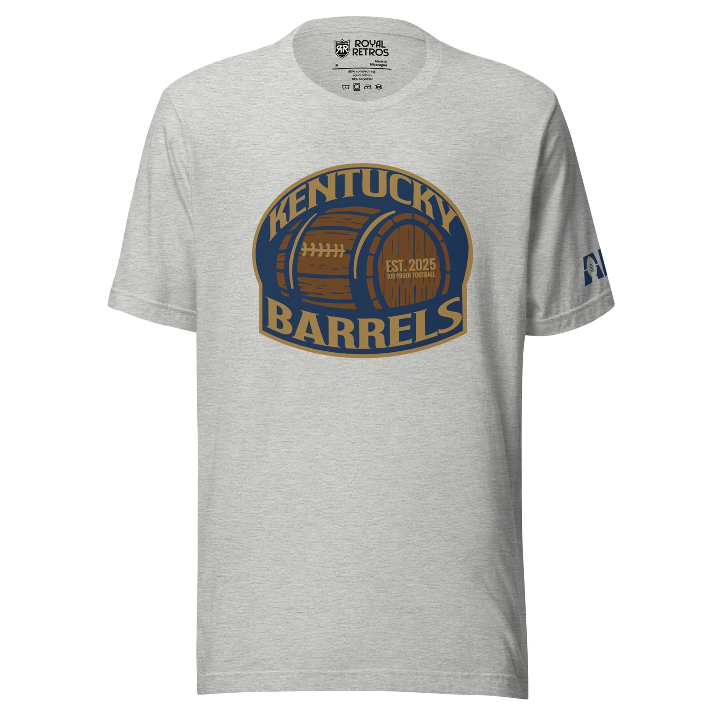 Kentucky Barrels AF1 football T-shirt. Grey. Logo on chest is a rounded square with blue background with Kentucky in gold arched over a barrel, with Barrels underneath. Shape is outlined in gold. Royal Retros
