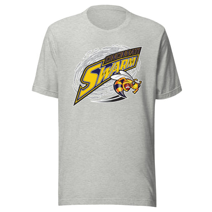 Cincinnati Swarm af2 arena football T-shirt. Heather Grey. Gray cloud. Angled word logo. Cincinnati small in blue with gold outline above large Swarm gold with blue outline. Wasp holding a football to the lower right. Royal Retros