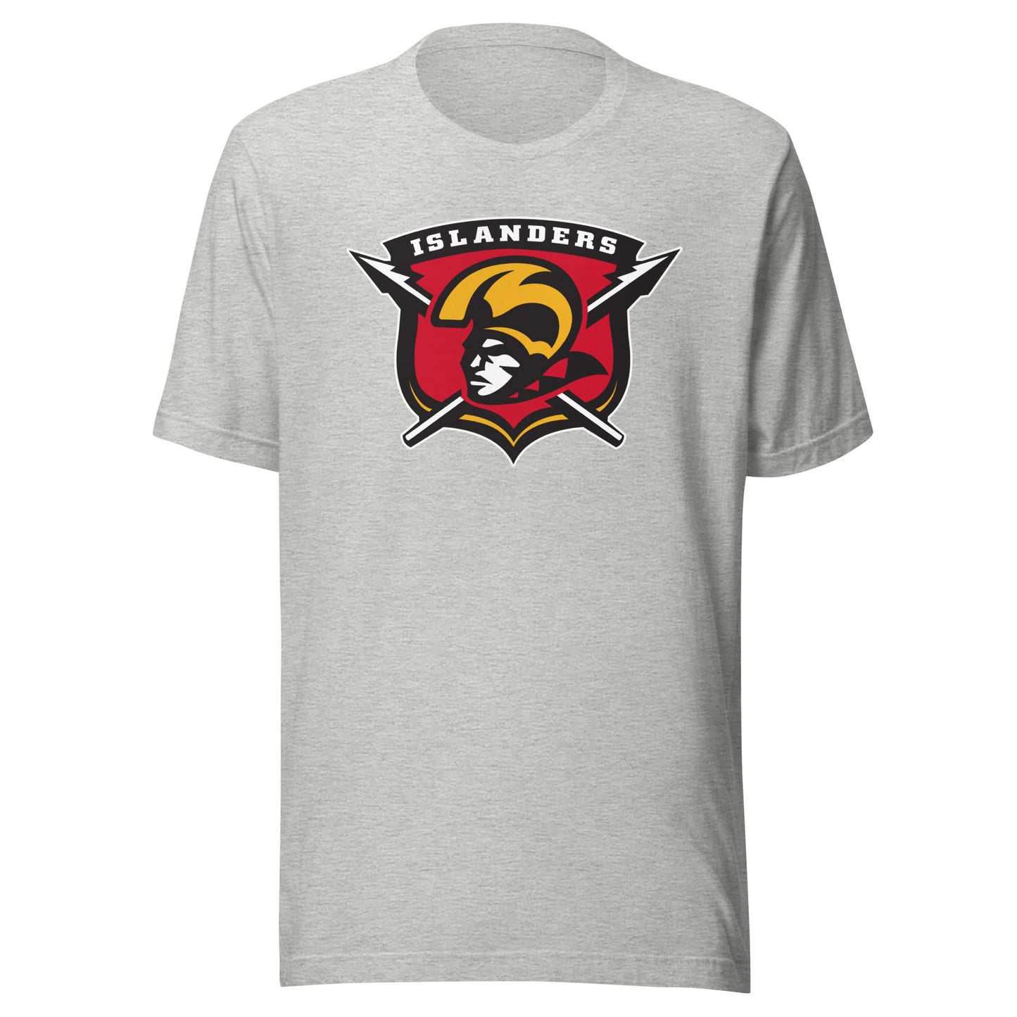 Hawaiian Islanders af2 arena football T-shirt. Heather Grey. Shield. Islanders in white at top of shield. Red inside. Spears protruding from left and right of shield. Warrior head with gold headgear facing left. Royal Retros