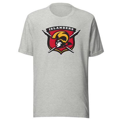 Hawaiian Islanders af2 arena football T-shirt. Heather Grey. Shield. Islanders in white at top of shield. Red inside. Spears protruding from left and right of shield. Warrior head with gold headgear facing left. Royal Retros