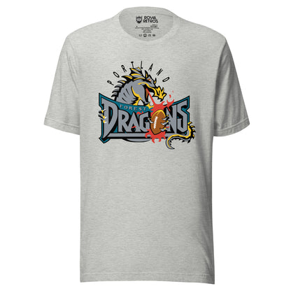 Portland Forest Dragons Arena Football league T-shirt. Gray. Portland in black arched. Gray dragon head breathing fire over Forest in small silver on green background, Dragons large in sliver below with football as the O.  Royal Retros