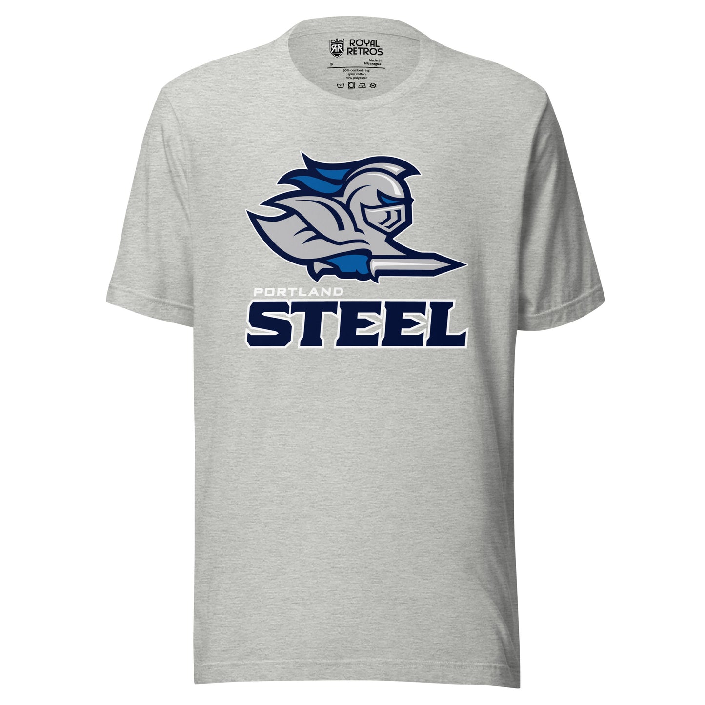 Portland Steel Arena Football League T-shirt. Gray. Knight from shoulders up facing right. Blue feathers and gloves, holding sword. Portland in white small above STEEL in black large. Royal Retros