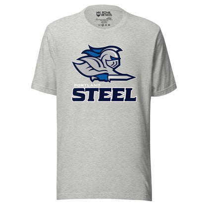 Portland Steel Arena Football League T-shirt. Gray. Knight from shoulders up facing right. Blue feathers and gloves, holding sword. Portland in white small above STEEL in black large. Royal Retros