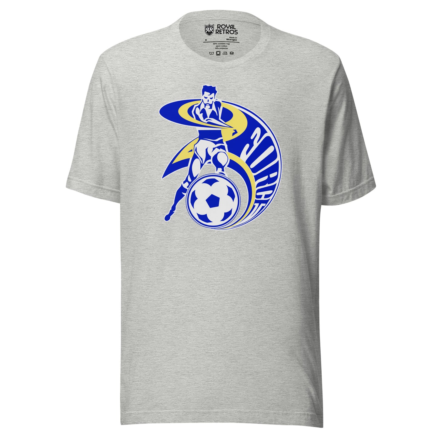 Cleveland Force Major Indoor Soccer League MISL T-shirt. Gray. Player with foot on soccer ball arm has blue and gold swoops coming off arm and around player. FORCE inside the swoop going down the right side of the player. Royal Retros