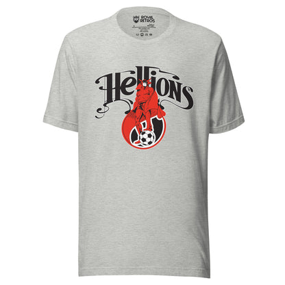 Hartford Hellions Major Indoor Soccer League MISL T-shirt. Gray. Stylized Hellions in black above red beast over small soccer ball. Royal Retros.