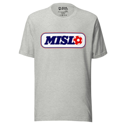 Major Indoor Soccer League MISL T-shirt. Grey. White rectangle wit blue trim. MISL in blue inside with a red soccer ball next to the L. Royal Retros