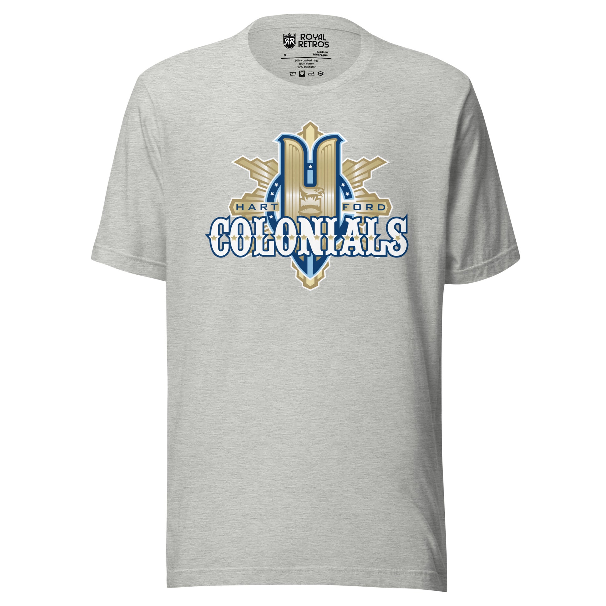 Hartford Colonials UFL-2009 T-shirt. Light Gray. Large gold H over gilded shield. Colonials in white with gold trim across shield. Royal Retros