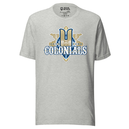 Hartford Colonials UFL-2009 T-shirt. Light Gray. Large gold H over gilded shield. Colonials in white with gold trim across shield. Royal Retros