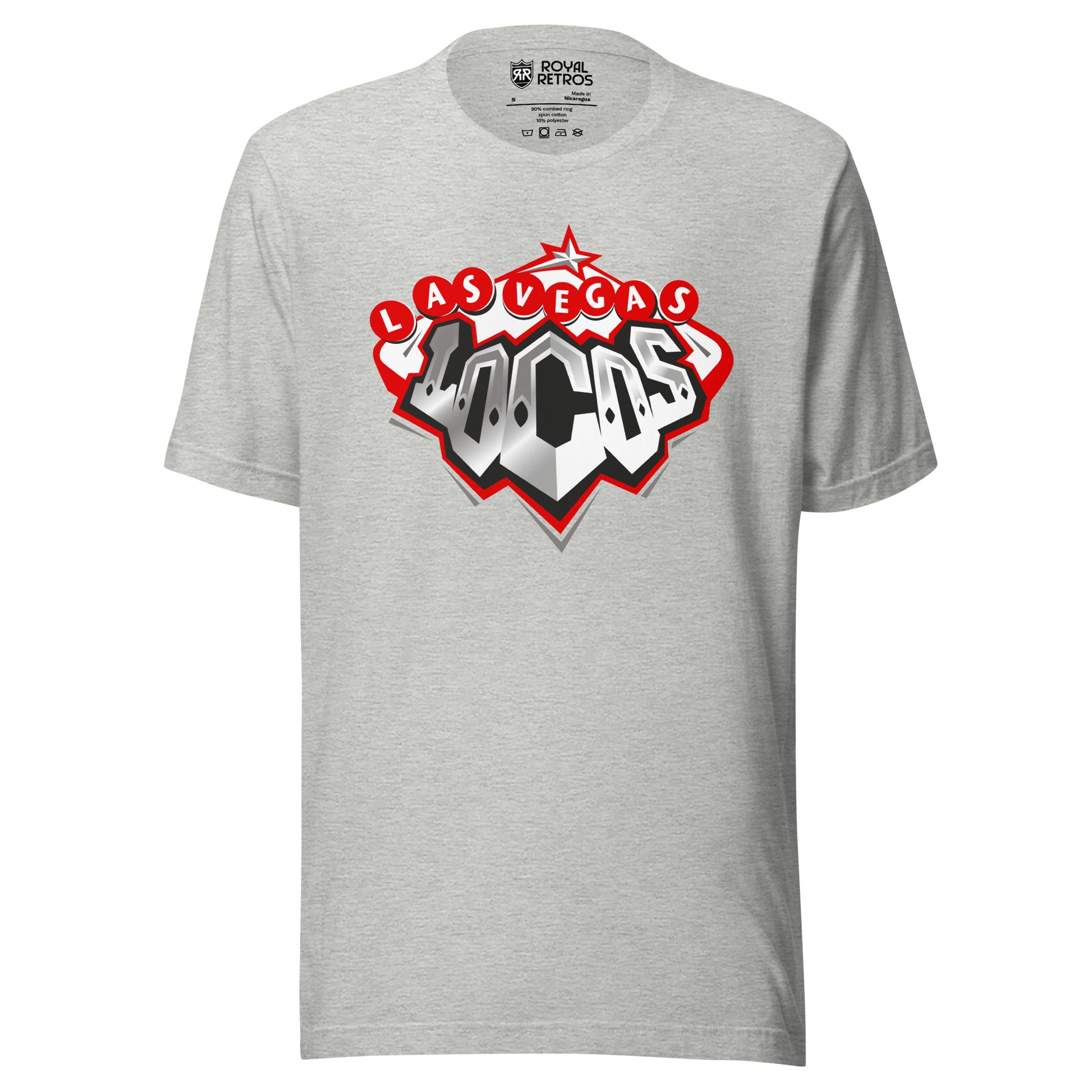 Las Vegas Locomotives UFL-2009 T-shirt gray. Diamond shaped logo with red trim features Las Vegas spelled out in white letters on red circles across top. Silver star at very top of diamond. Locos in silver, letters form a cow-catcher at bottom of diamond. Royal Retros