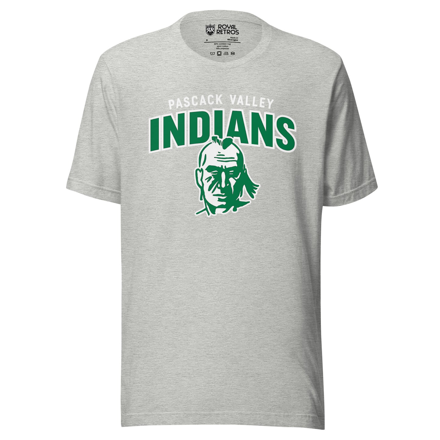 Pasack Valley Indians logo T-shirt. Gray.
