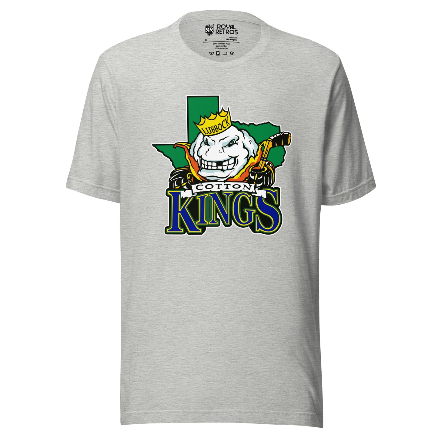 Lubbock Cotton Kings hockey T-shirt. Gray. Green Texas background. Anthropomorphized cotton ball, with a menacing look over Texas. Cotton in black on white ribbon small above KINGS large in blue with green trim below. Royal Retros