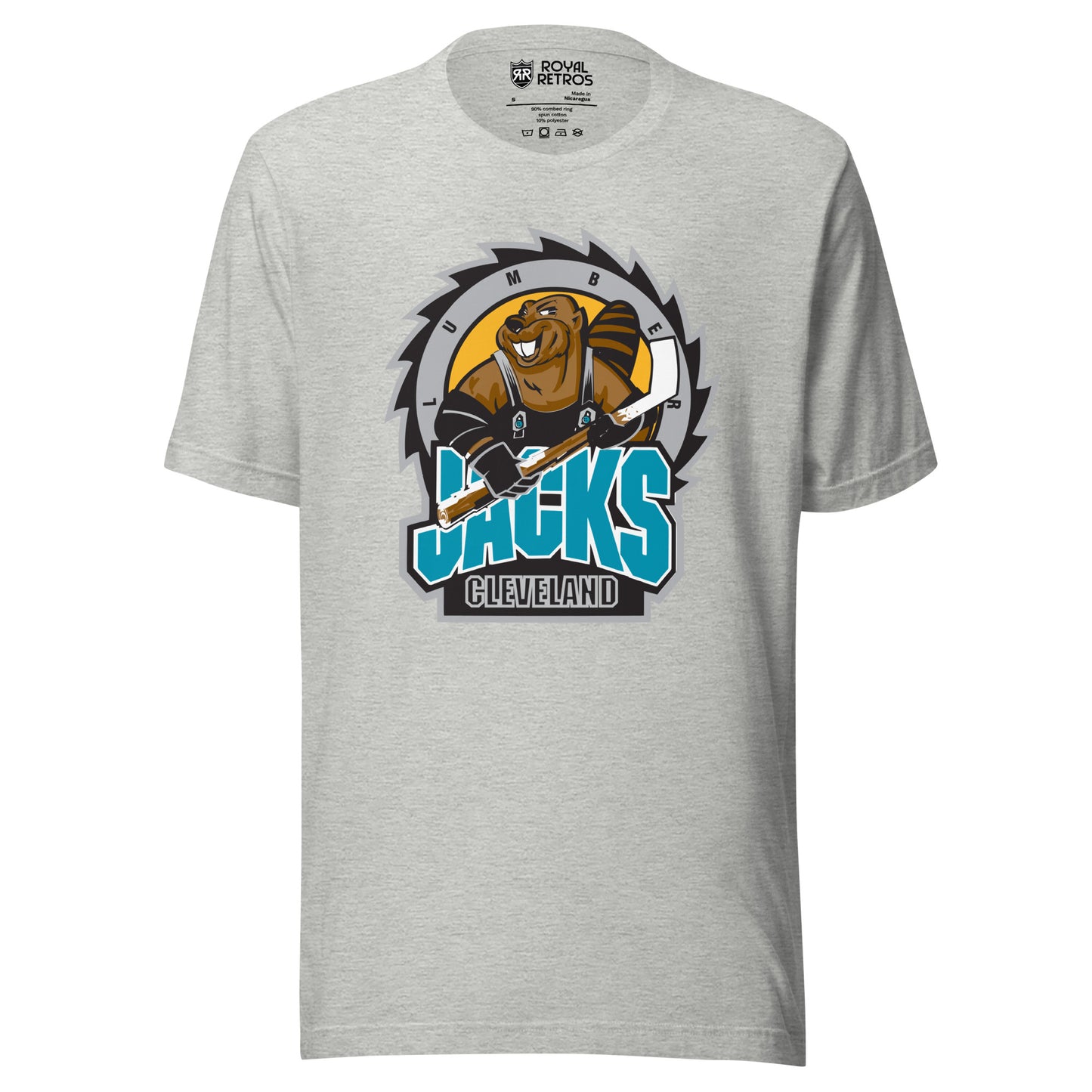Cleveland Lumberjacks hockey -shirt IHL. Gray. Buzzsaw blade with black teeth, silver edge, gold background. Cartoon beaver holding hockey stick. JACKS large in teal below. Cleveland in white outline on black background below that. Royal Retros. 