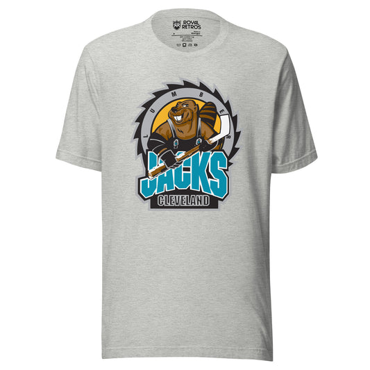 Cleveland Lumberjacks hockey -shirt IHL. Gray. Buzzsaw blade with black teeth, silver edge, gold background. Cartoon beaver holding hockey stick. JACKS large in teal below. Cleveland in white outline on black background below that. Royal Retros. 