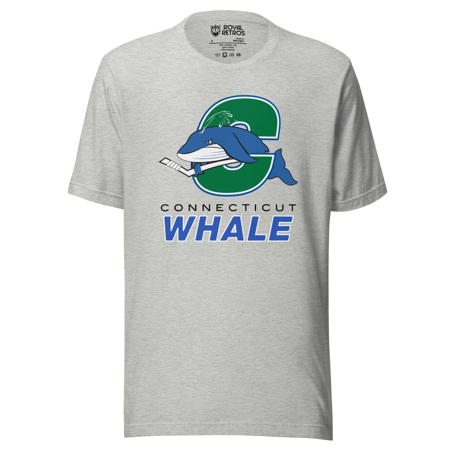 Connecticut Whale hockey T-shirt. Gray. Giant green C with blue and white trim with blue whale swimming through middle to the left holding a hockey stick. CONNE TICUT in black small above WHALE in blue with white trim. Royal Retros