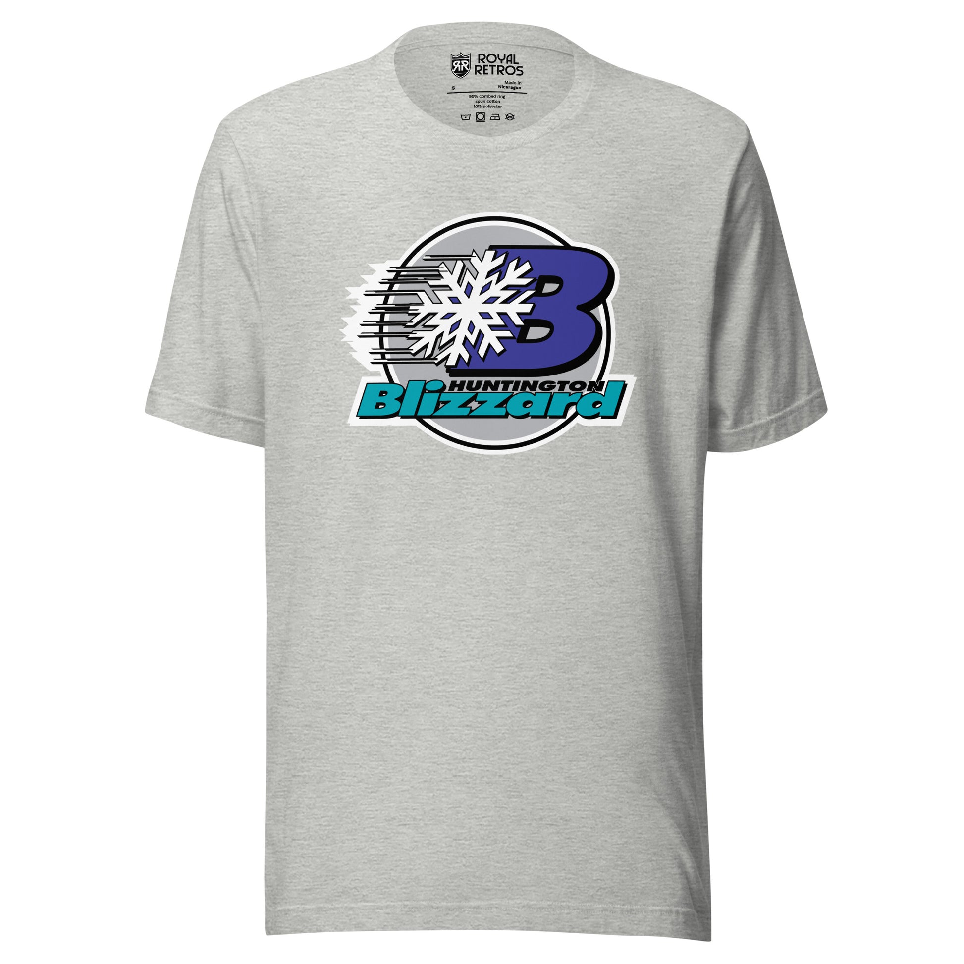 Huntington Blizzard hocket T-shirt. Gray. Black circle with white trim. Purple B slightly to the right with black swish marks going to the left. White snowflake on top in middle. HUNTINGTON in black to the lower right but still inside circle. BLIZZARD in aqua across the bottom, sticking out from the circle. Royal Retros