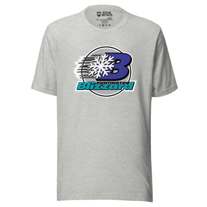 Huntington Blizzard hocket T-shirt. Gray. Black circle with white trim. Purple B slightly to the right with black swish marks going to the left. White snowflake on top in middle. HUNTINGTON in black to the lower right but still inside circle. BLIZZARD in aqua across the bottom, sticking out from the circle. Royal Retros