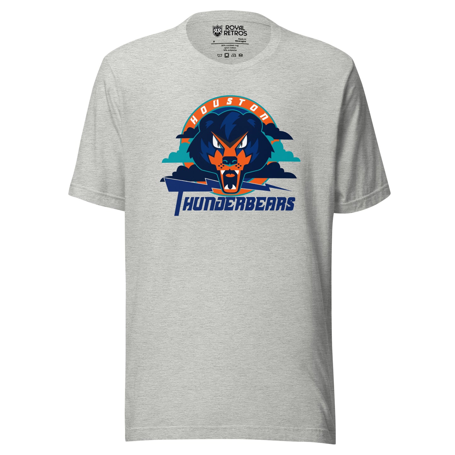 Houston ThunderBears arena football league T-shirt. Gray. Houston arched in white on orange background. Angry bear face over teal and blue clouds. Purple lightning bolt going to the right. Thunderbears in purple below. Royal Retros