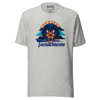 Houston ThunderBears arena football league T-shirt. Gray. Houston arched in white on orange background. Angry bear face over teal and blue clouds. Purple lightning bolt going to the right. Thunderbears in purple below. Royal Retros