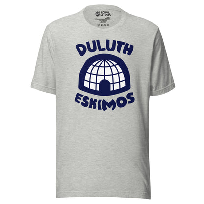 Duluth Eskimos NFL T-shirt. Gray. DULUTH in navy above white igloo on blue background. ESKIMOS in blue below. Royal Retros