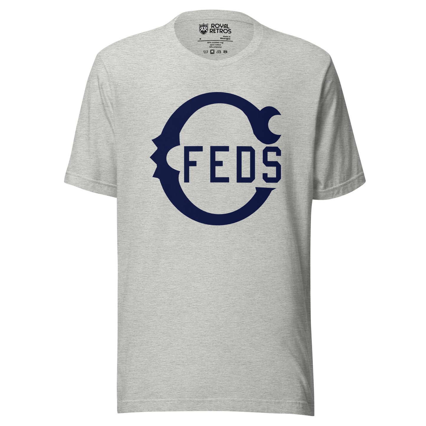 Chicago Feds baseball T-shirt. Gray. Large blue Script C with FEDS in side. Royal Retros