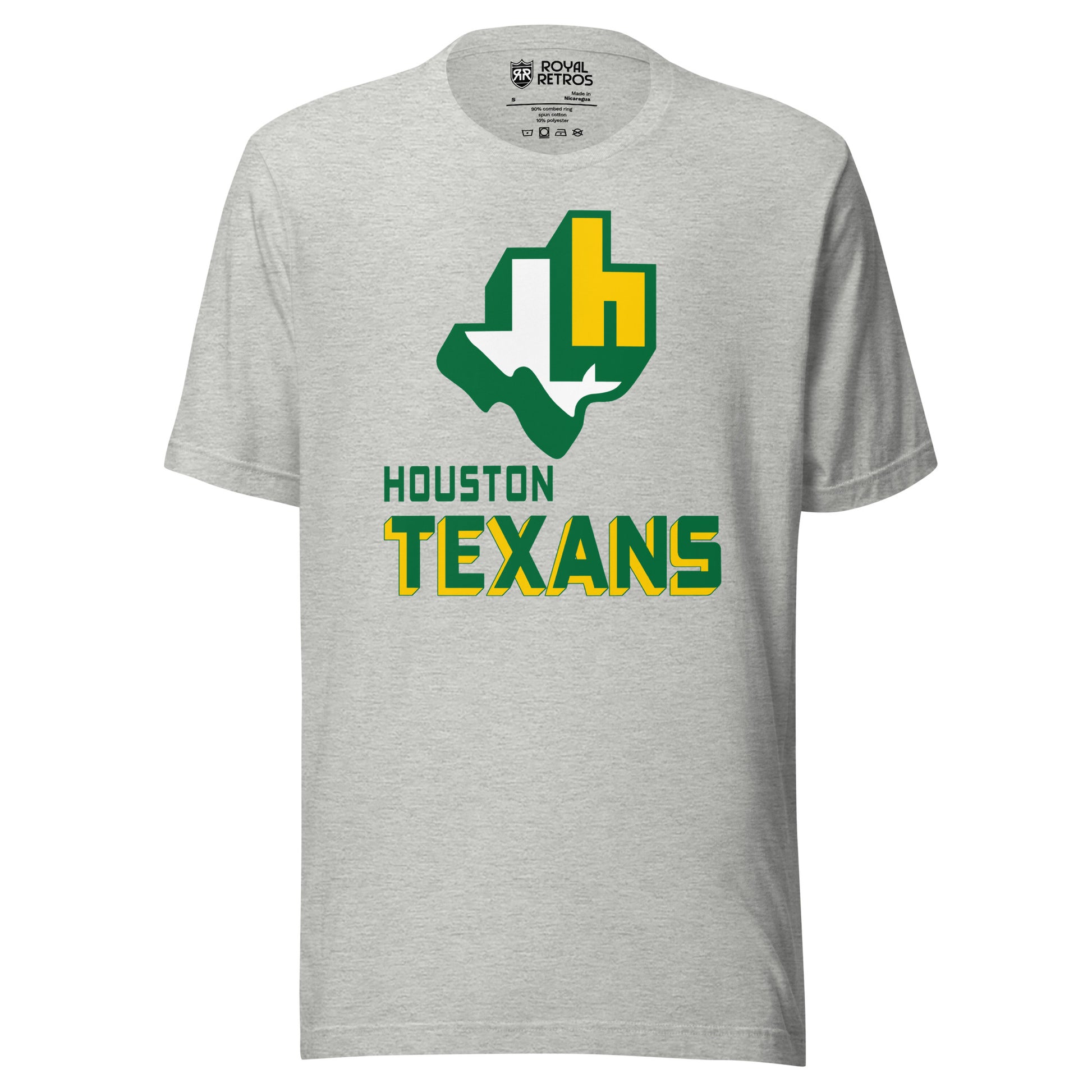 Houston Texans World Football League WFL T-shirt. Gray. White Texas with green shadow. Lower case H over top right of Texas. Below is Houston small green to the left over large TEXANS green with yellow trim. Royal Retros