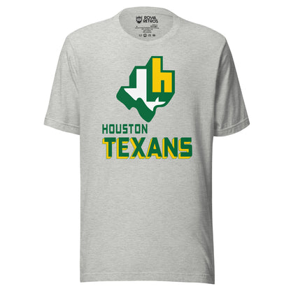 Houston Texans World Football League WFL T-shirt. Gray. White Texas with green shadow. Lower case H over top right of Texas. Below is Houston small green to the left over large TEXANS green with yellow trim. Royal Retros