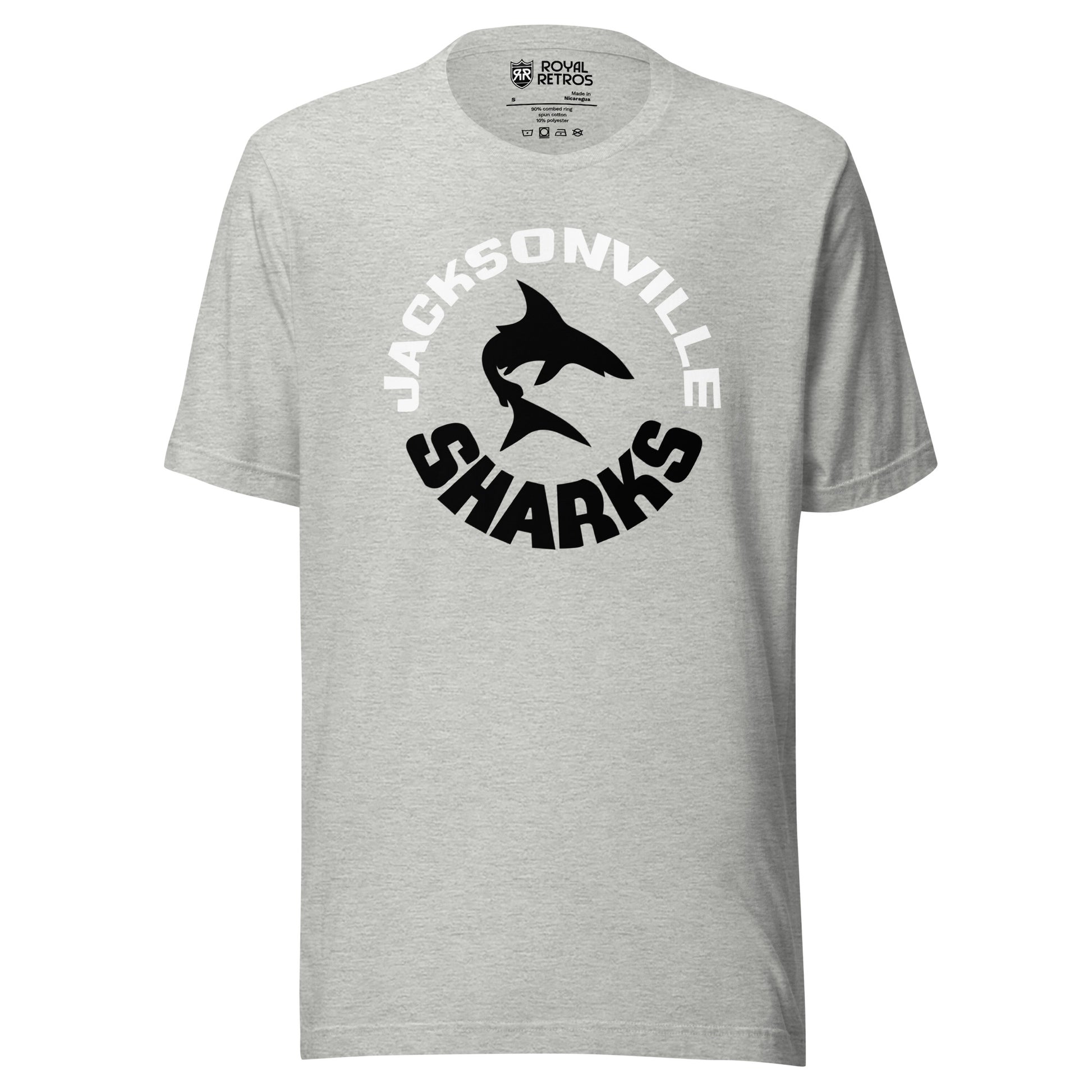 Jacksonville Sharks World Football League WFL T-shirt. Gray. JACKSONVILLE in white arched above, SHARKS in black arched up below. Silhouette of shark swimming in center. Royal Retros 