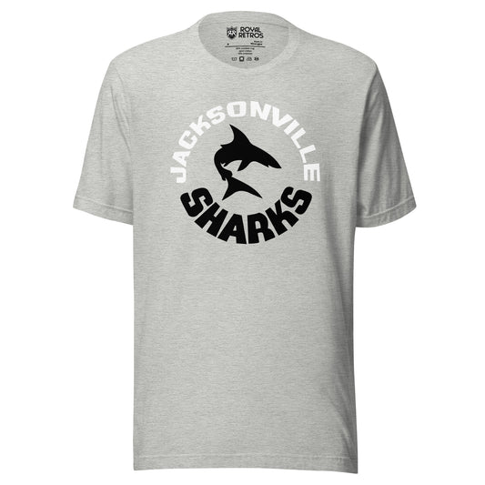 Jacksonville Sharks World Football League WFL T-shirt. Gray. JACKSONVILLE in white arched above, SHARKS in black arched up below. Silhouette of shark swimming in center. Royal Retros 