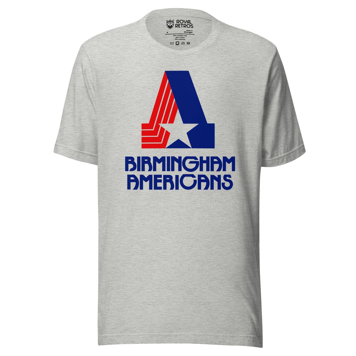 Birmingham Americans World Football League T-shirt. Gray. Large A comprised of four red bands on the left, solid blue on the right, with a star forming the bottom of the A. BIRMINGHAM large in blue over AMERICANS in blue. Royal Retros