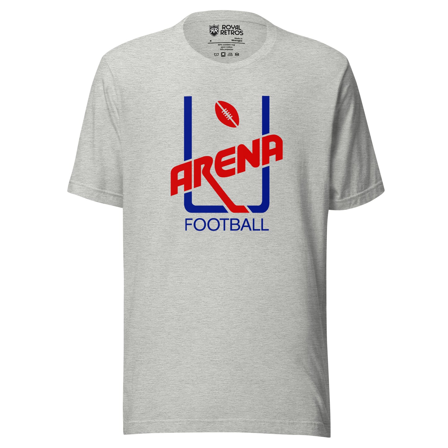 Arena Football League original goalpost logo T-shirt. Gray. Blue uprights, red football in between at top. Stylized ARENA in red diagonal left up to right across bottom of uprights. FOOTBALL in blue below. Royal Retros