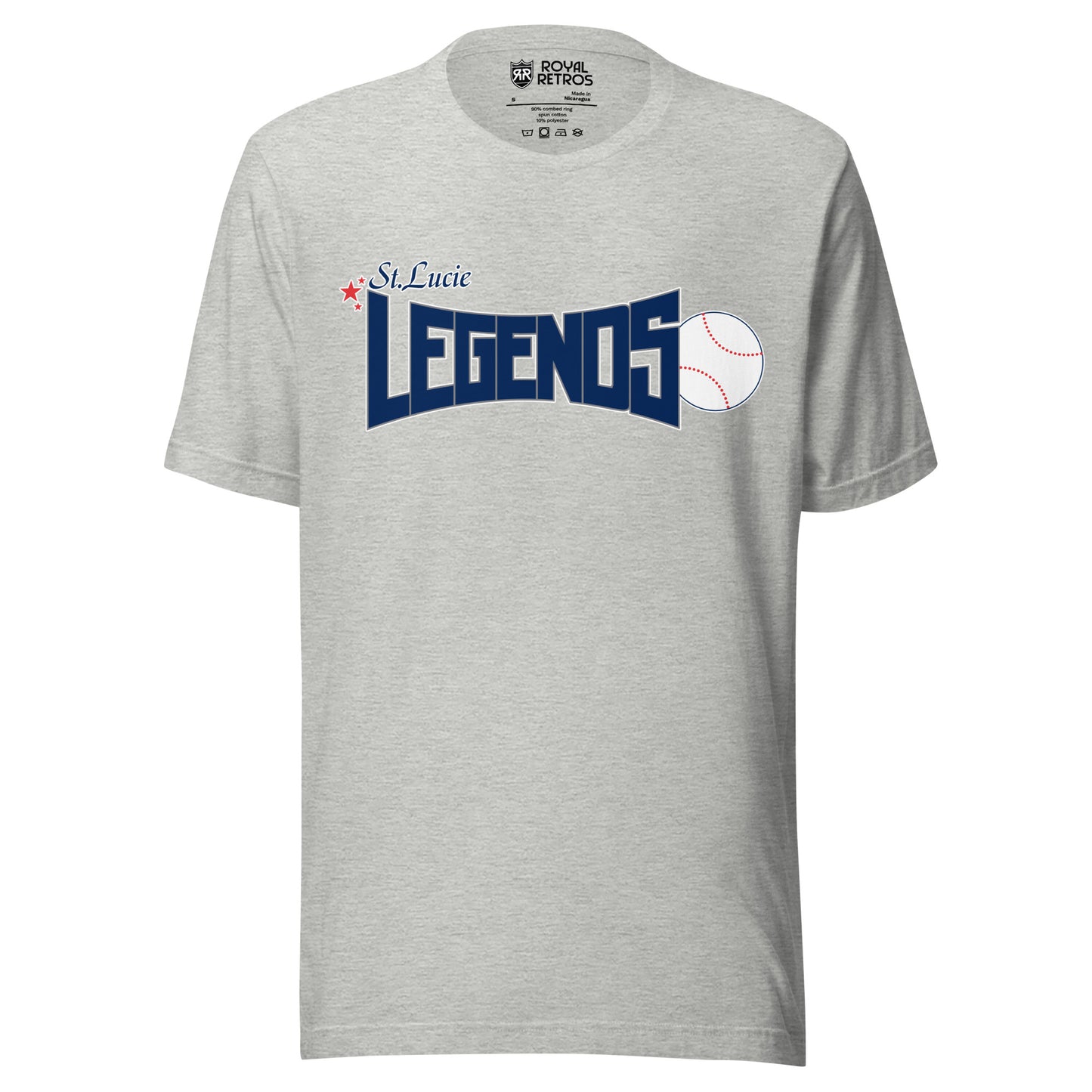St. Lucie Legends baseball shirt. Gray. St. Lucie small to left. LEGENDS below large. Baseball to the right. Royal Retros