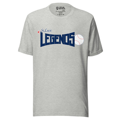 St. Lucie Legends baseball shirt. Gray. St. Lucie small to left. LEGENDS below large. Baseball to the right. Royal Retros