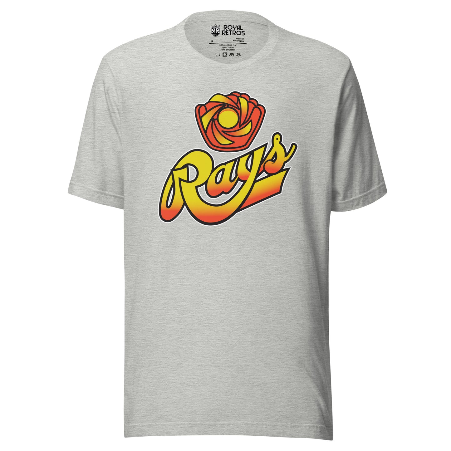 Sun City Rays baseball T-shirt. Gray. Stylized red, orange, and gold sun. Rays in script, yellow and orange with text tail. Royal Retros