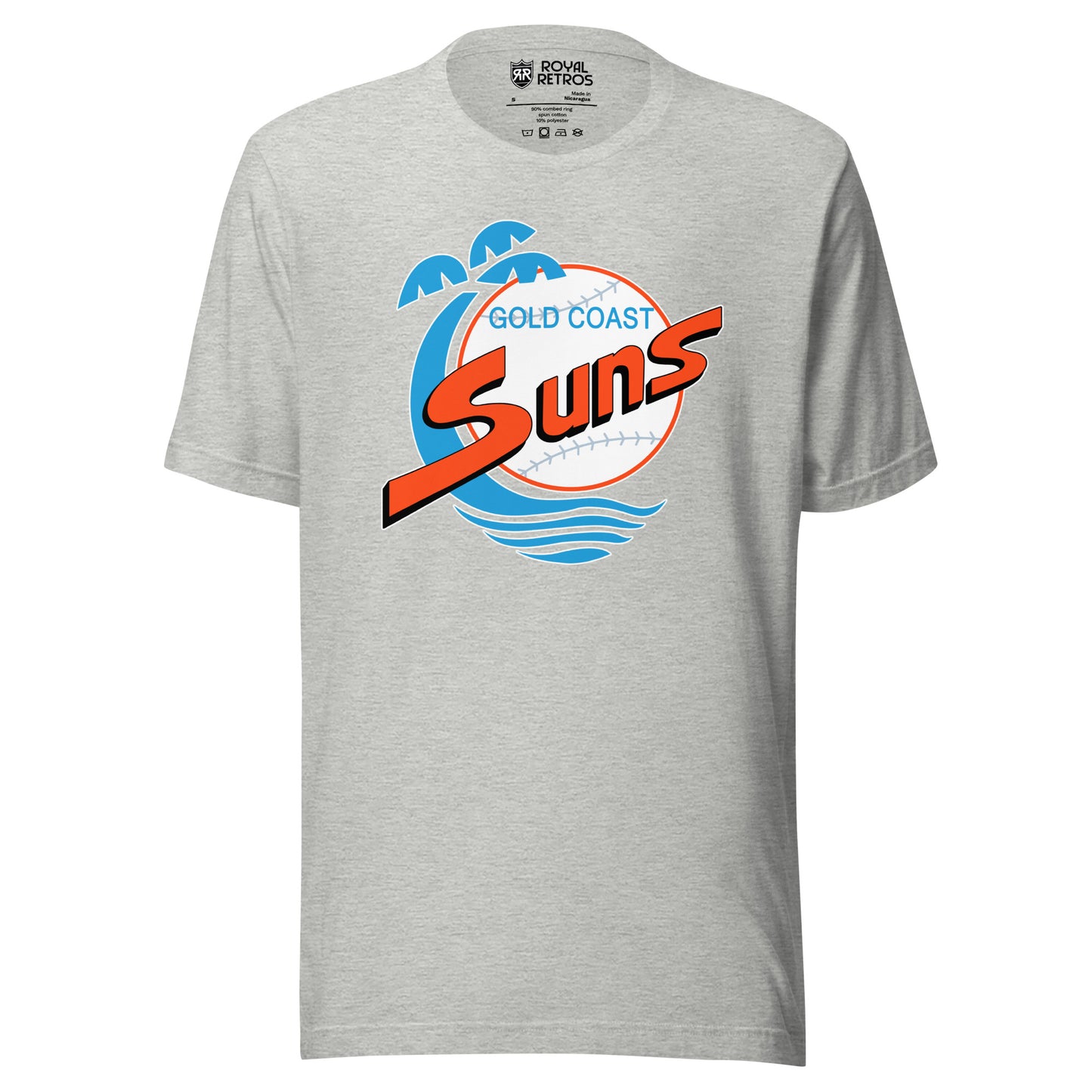 Gold Coast Suns baseball T-shirt. Gray. Stylized aqua palm tree curving to the right next to an orange circle with aqua baseball stitching. Gold Coast in aqua inside top of ball. Suns in orange, large across baseball. Royal Retros.