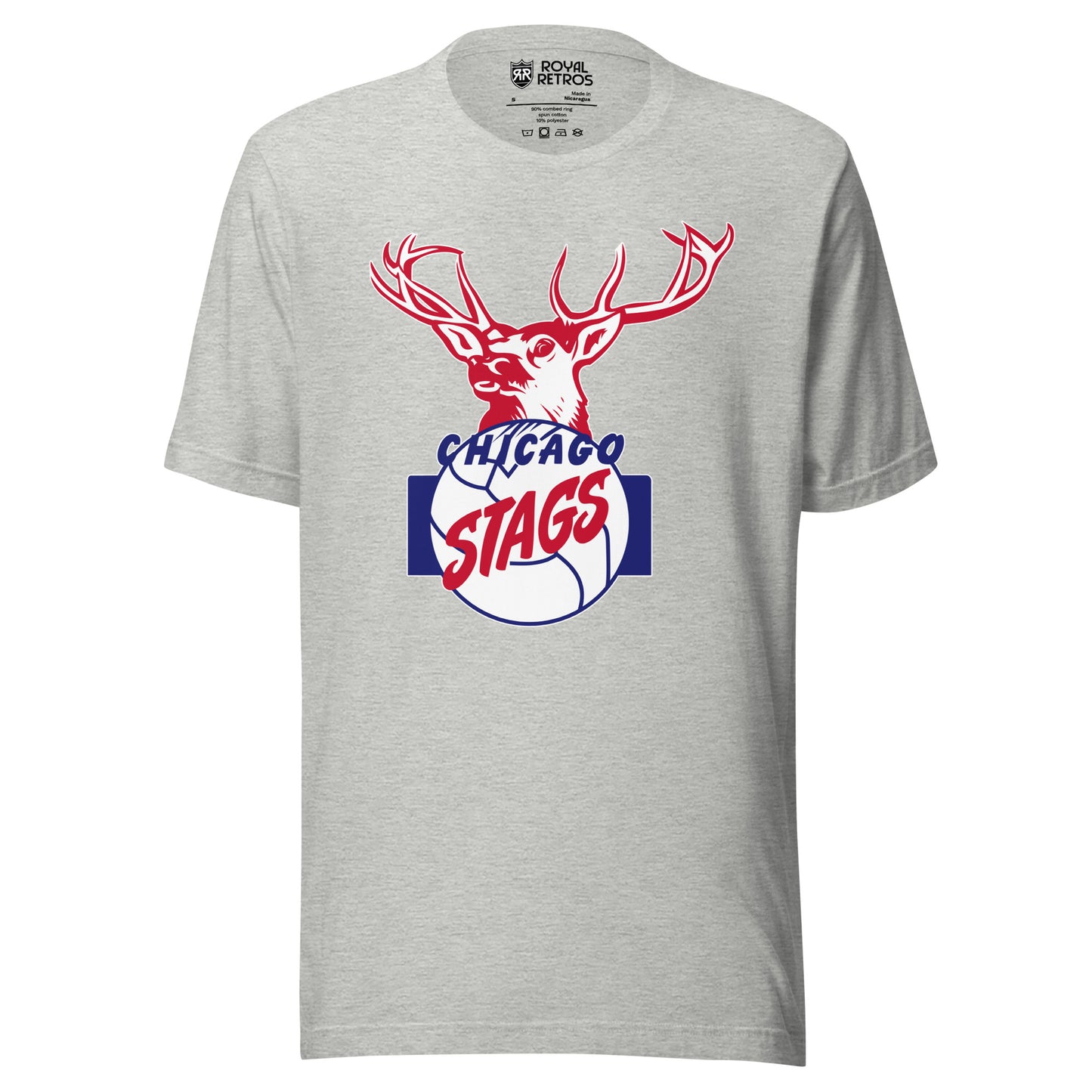 Chicago Stags basketball T-shirt. Gray. Red and white stag head over blue basketball. Chicago in blue across top of ball, Stags in red angles across middle. Blue vertical  rectangles on either side of ball. Royal Retros