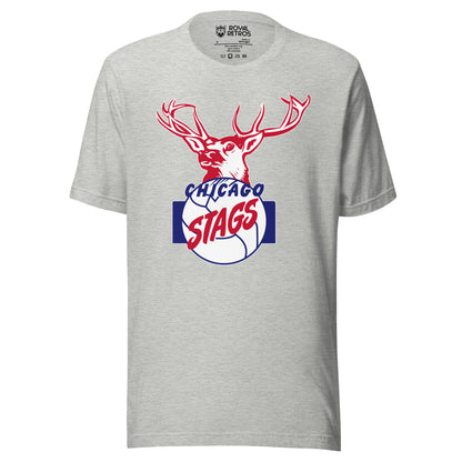 Chicago Stags basketball T-shirt. Gray. Red and white stag head over blue basketball. Chicago in blue across top of ball, Stags in red angles across middle. Blue vertical  rectangles on either side of ball. Royal Retros