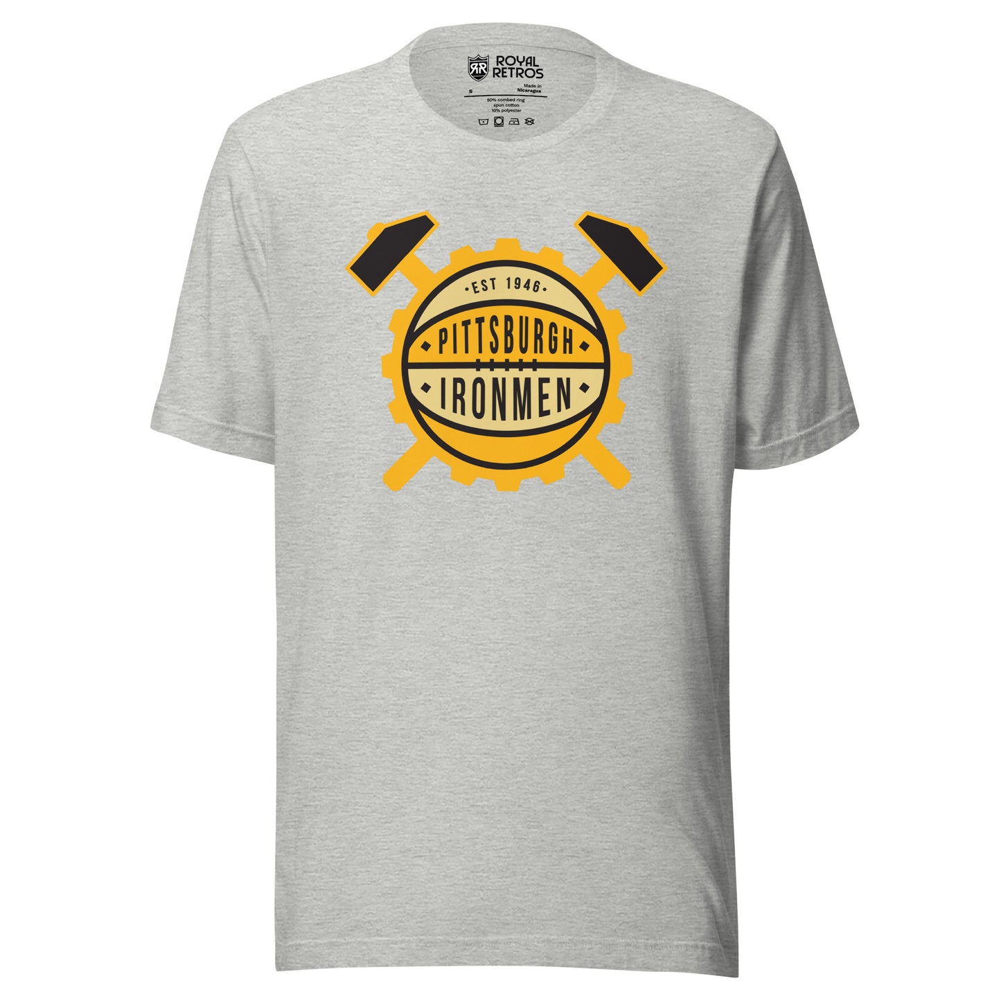Pittsburgh Ironmen basketball T-shirt. Gray.  Gold gear with beige and gold basketball pattern in center. Est. 1946 in first band. Pittsburgh with stars on either side in second. Ironmen in next band with stars on either side. Large mallet handles coming out of gear top right and left, handles below bottom left and right. Royal Retros