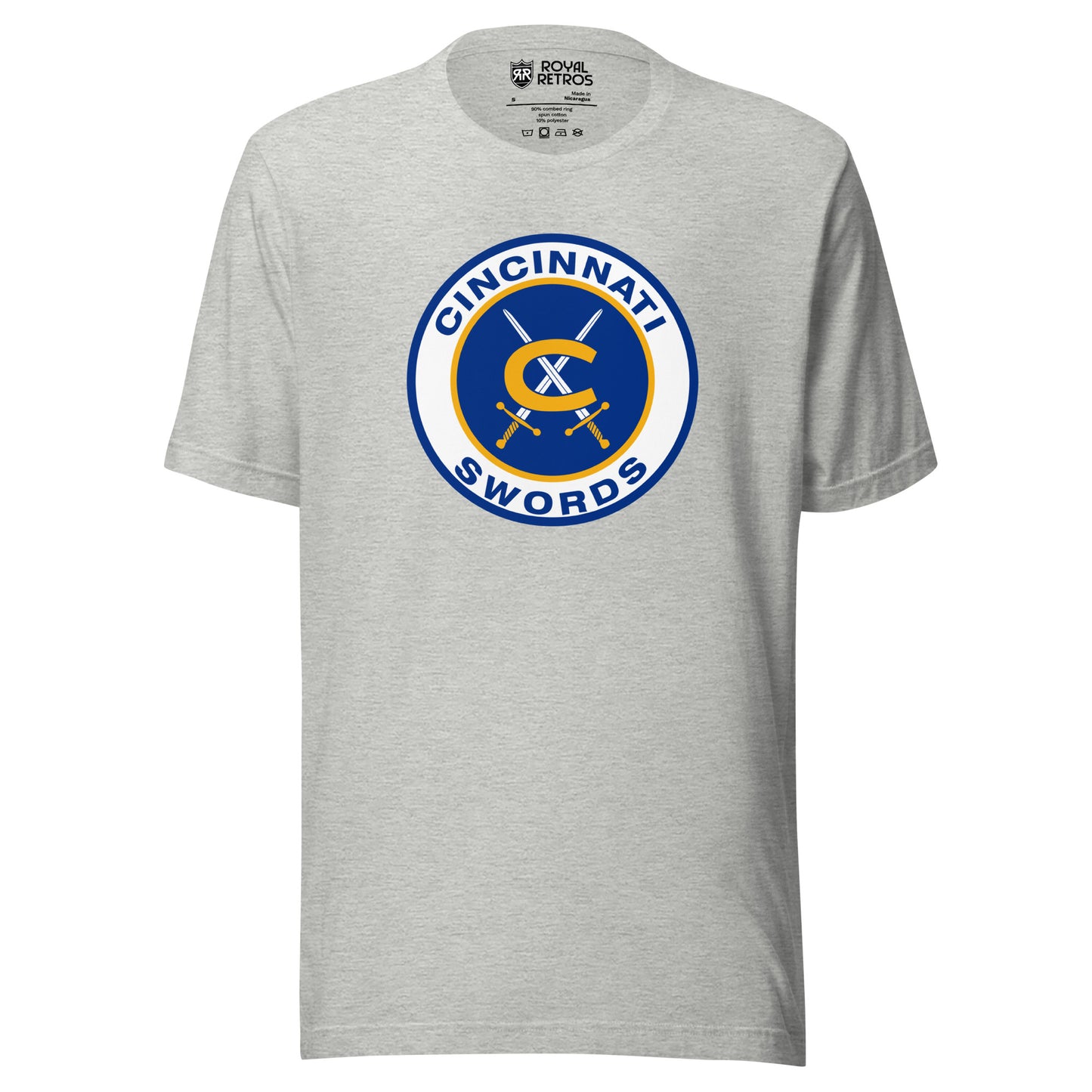Cincinnati Swords AHL hockey T-shirt. Gray. Thick white circle with blue background. Cincinnati in blue arched in top of circle Swords arched up in circle below. Gold C in center with two swords with gold handles crossed behind it. Royal Retros