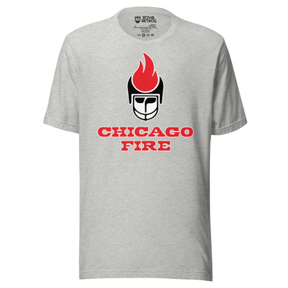 Chicago Fire World Football League T-shirt. Gray. Stylized player face with black helmet. Red flame on top of helmet. Chicago in red with white outline, Fire below that in red with white outline. Royal Retros