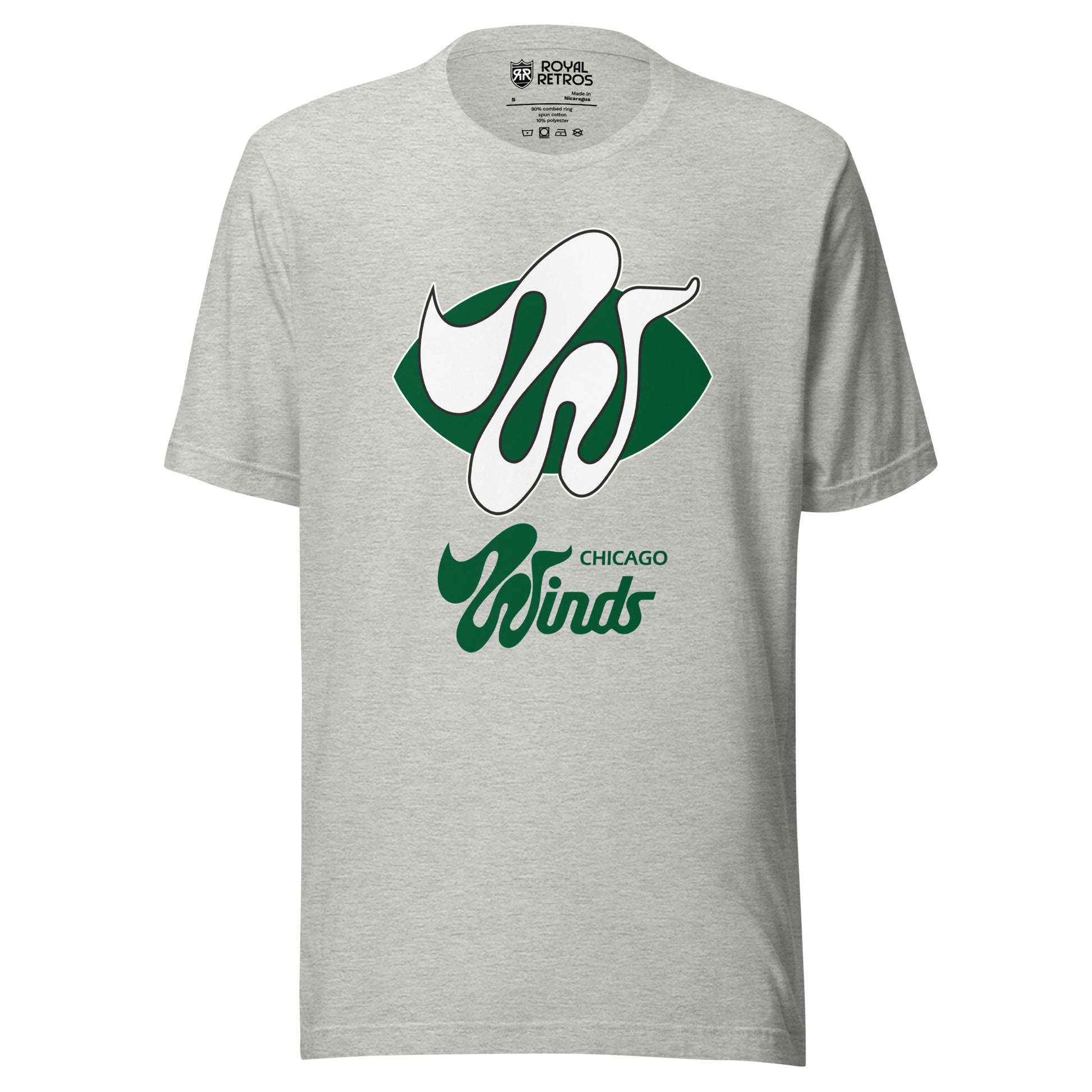 The Chicago Winds World Football League T-shirt. Gray. Green football shape with wildly stylized large white W over top. Chicago small in green below right. Winds larger below centered in green. Royal Retros